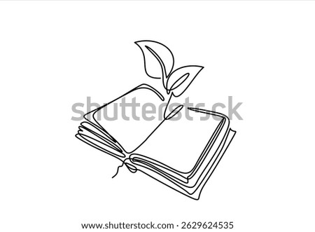 Opened book with sprout plant in one continuous line drawing . Education study and knowledge concept in simple linear style. Growing wisdom in editable stroke. Doodle contour vector illustration	