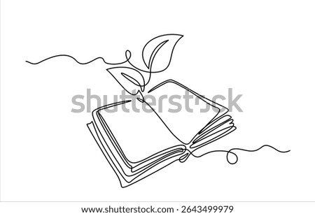 Opened book with sprout plant in one continuous line drawing . Education study and knowledge concept in simple linear style. Growing wisdom. Hand drawn one line vector. Editable stroke	