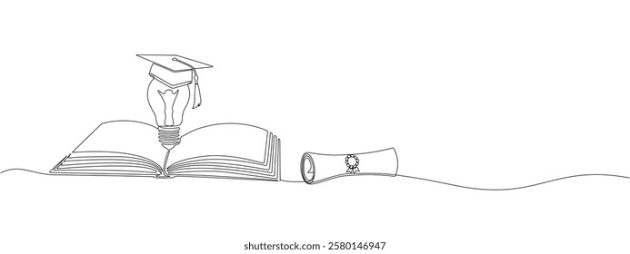 Opened book with student cap and scroll in one continuous line.  Symbol of education, graduate, intelligence training in one line style .Vector editable illustration