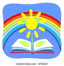 The opened book, the stylized sun and rainbow on a dark blue background.