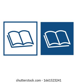 Opened book. The symbol is located in a square frame. Vector blue icons.