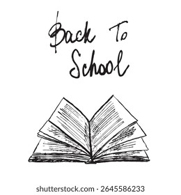 Opened book as a symbol of September the 1st. Back to school concept in black brush stroke texture isolated on white. Hand drawn vector sketch illustration in vintage charcoal ink