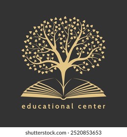 Opened book and tree of knowledge emblem. Educational center logo design isolated on black vector illustration