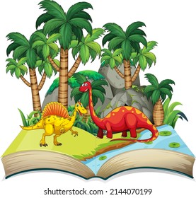 Opened book with various dinosaurs cartoon illustration