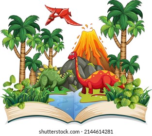 Opened book with various dinosaurs cartoon illustration