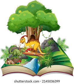 Opened book with various dinosaurs cartoon illustration