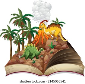 Opened book with various dinosaurs cartoon illustration