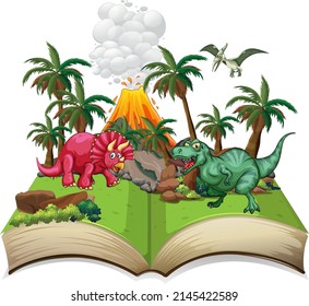 Opened book with various dinosaurs cartoon illustration