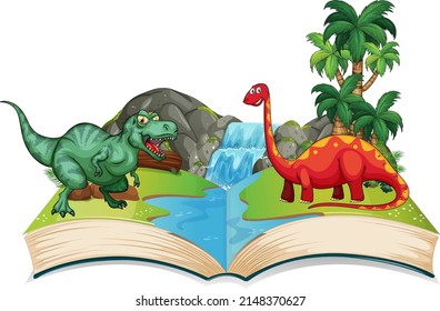 Opened book with various dinosaurs cartoon illustration