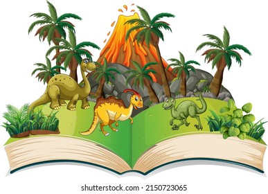 Opened book with various dinosaurs cartoon illustration