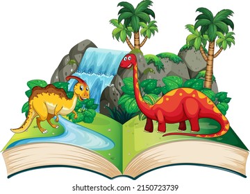 Opened book with various dinosaurs cartoon illustration
