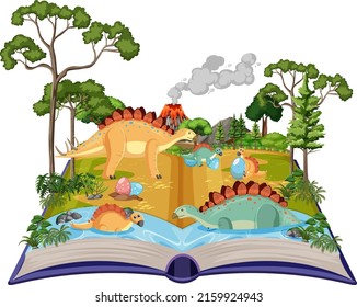 Opened book with various dinosaurs in the forest illustration