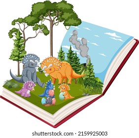 Opened book with various dinosaurs in the forest illustration