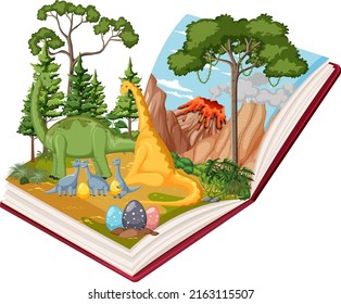 Opened book with various dinosaurs in the forest illustration