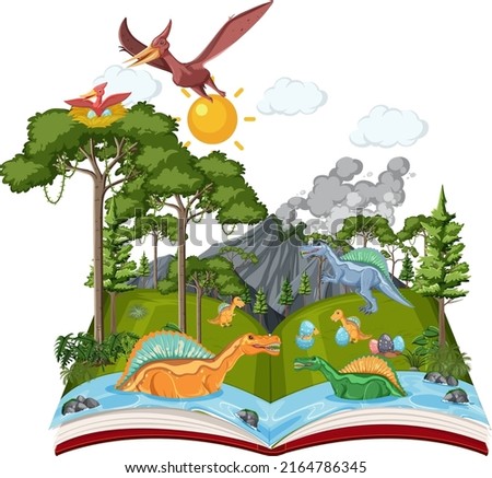 Opened book with various dinosaurs in the forest illustration