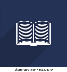 Opened book vector icon with long shadow isolated on  blue
