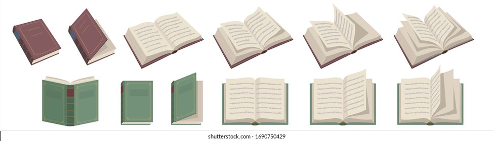 Opened books and closed books icons set on white background. Cartoon style vector illustration. Characters has no specific meaning can be removed.