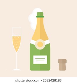 Opened bottle of Champagne with foam coming out, cork stopper and cristal champagne glass colorful flat illustration. Clean vector champagne illustration ready for the celebration