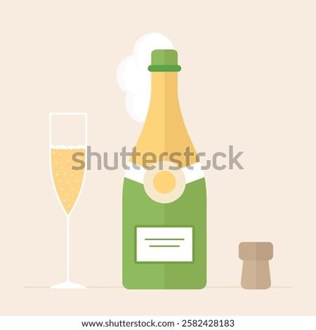 Opened bottle of Champagne with foam coming out, cork stopper and cristal champagne glass colorful flat illustration. Clean vector champagne illustration ready for the celebration