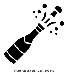 Opened bottle of champagne solid icon, New Year concept, Holiday bottle opening sign on white background, Champagne bottle explosion icon in glyph style for mobile and web. Vector graphics