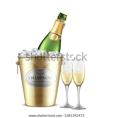 Opened bottle of champagne, white sparkling wine in restaurant, golden metal bucket with ice and two wineglasses filled with carbonated alcohol beverage realistic vector isolated on white background