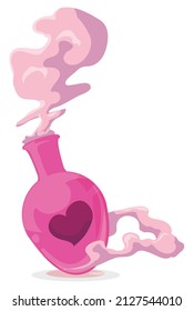 Opened bottle with love potion, heart label and sweet pink smoke and extra love effect. Design in cartoon style over white background.