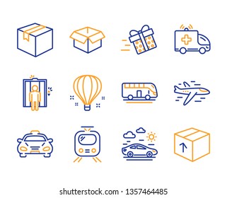 Opened Box, Air Balloon And Train Icons Simple Set. Elevator, Parcel And Present Delivery Signs. Airplane, Ambulance Car And Taxi Symbols. Bus Tour, Car Travel And Package. Line Opened Box Icon