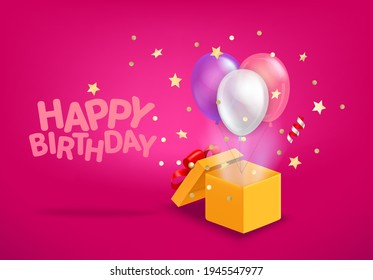 Caja abierta con globos de aire saliendo de la caja. Tarjeta de felicitación con inscripción