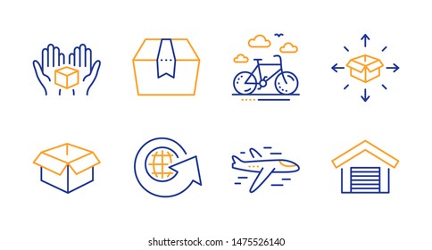 Opened box, Airplane and Package box line icons set. Parcel delivery, Bike rental and World globe signs. Parking garage symbol. Shipping parcel, Plane. Transportation set. Line opened box icon. Vector