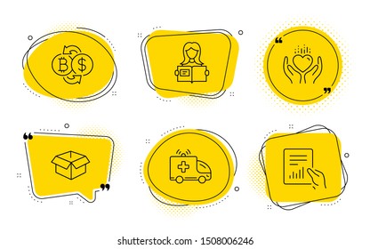 Opened box, Bitcoin exchange and Document signs. Chat bubbles. Ambulance car, Hold heart and Woman read line icons set. Emergency transport, Care love, Girl studying. Shipping parcel. Vector