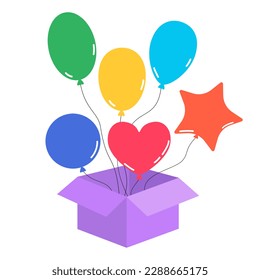 Opened box with a bright balloons. Vector illustration on a white background