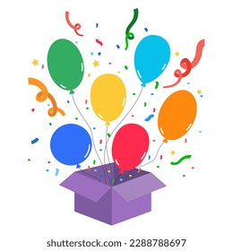 Opened box with a bright multicolored balloons and confetti. Vector illustration on a white background