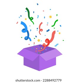 Opened box with a bright multicolored confetti explosion. Vector illustration on a white background