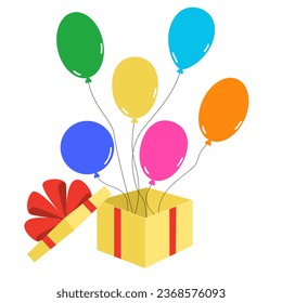 Opened box with a colorful flying balloons. Vector illustration on a white background