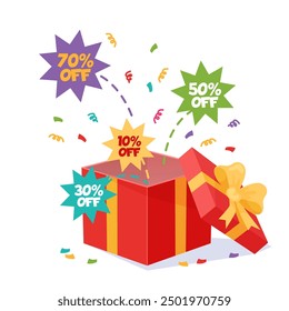 Opened box of confetti. Gift discounts. Shopping day. Pleasant surprise. Decorative packaging with ribbons and bow. Sale percent. Present cardboard container. Recent