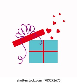 Opened box. Gift box. Box with hearts. Present. Box with bow and hearts. Package.
