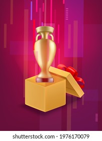 Caja abierta con una taza de oro volando fuera de la caja. Concepto de ganador
