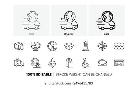 Opened box, International delivery and Disability line icons. Pack of Lighthouse, Delivery insurance, Parking garage icon. Car service, Taxi, Paper wallpaper pictogram. Logistics network. Vector