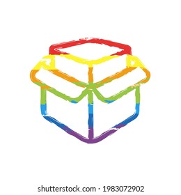 Opened box, product development, carton package, simple icon. Drawing sign with LGBT style, seven colors of rainbow (red, orange, yellow, green, blue, indigo, violet