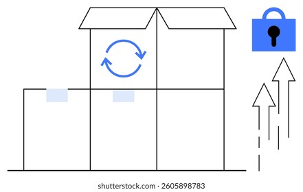 Opened box with recycling symbol highlighted accompanied by a lock icon and upward arrows. Ideal for packaging themes, recycling concepts, eco-friendly messages, secure shipping, and product growth