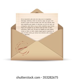 Opened Brown Envelope With Paper Note Template : Vector Illustration