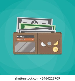 Opened brown leather wallet. With plastic cards, coins and dollar cash. vector illustration in flat design on green background