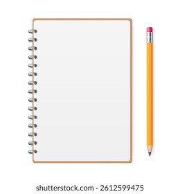 Opened brown notepad or notebook with spiral and yellow pencil. Vector EPS 10