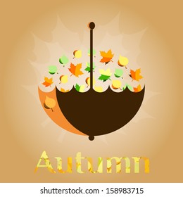 Opened brown umbrella, full of autumn orange and green leaves. Colorful vector illustration