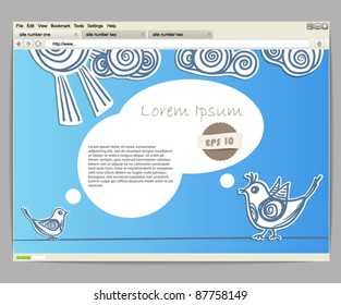 Opened browser window template. Blue site template with birds