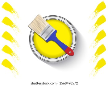 Opened bucket of paint with yellow paint on a white background.