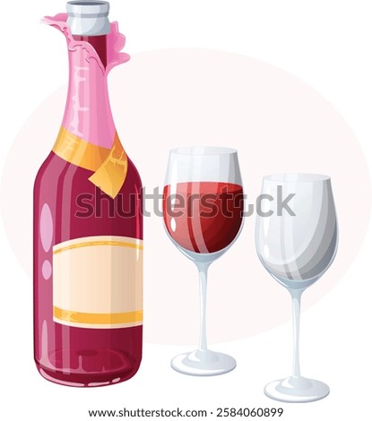 Opened Burgundy Red Wine Bottle with Filled and Empty Wine Glasses. Romantic Beverage Vector Illustration 