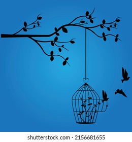 Opened cage with birds and branch wall art, wall sticker vector illustration