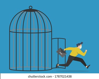 Opened cage, Businessman escaped from the cage