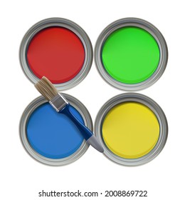 Opened cans of blue, yellow, green, red paint and a paintbrush. View from above. 3d vector illustration